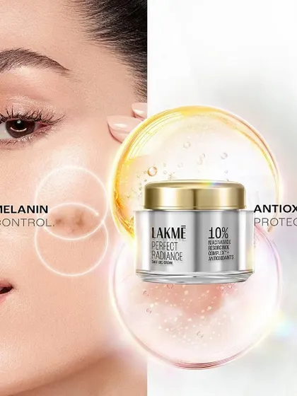 A commercial shot for Lakmé's Perfect Radiance cream. This visual follows the campaign's style, combining a model's portrait with a product packshot and text callouts for "melanin control" and "antioxidant protection."