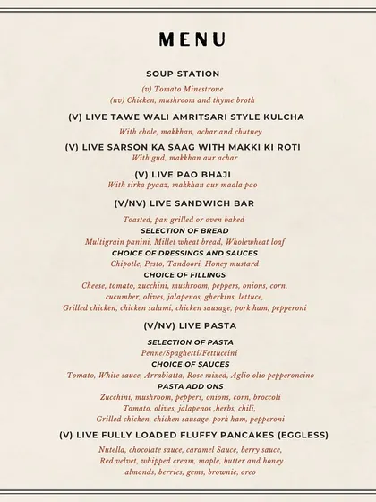 The heart of our brunch menu features live stations for every taste, including Indian street food favorites, a custom sandwich bar, and a decadent pancake station.