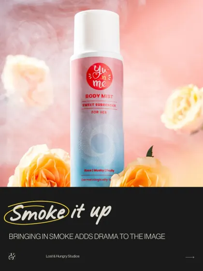 For this Yu&Me Body Mist shoot, we introduced soft pink smoke and blurred roses. This technique adds a layer of drama and romance, elevating the product shot from a simple still life to an atmospheric scene.