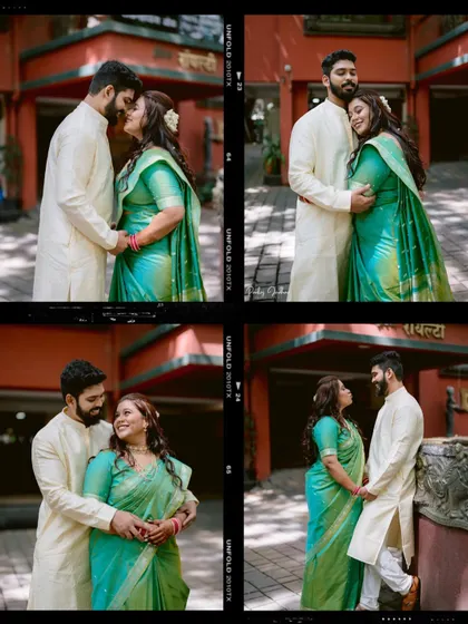 A film-strip style collage capturing various candid and romantic moments from Nidhi and Aditya's engagement.