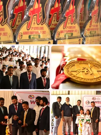 A collage from our State Level Karate Championship, showing the trophies, medals, and proud moments of the event. We take pride in hosting successful and well organized tournaments.