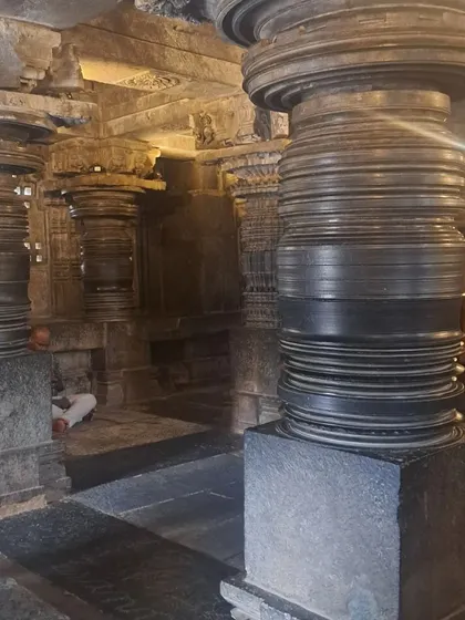 The famous lathe turned pillars inside the Somanathapura temple, a marvel of Hoysala engineering and artistry.