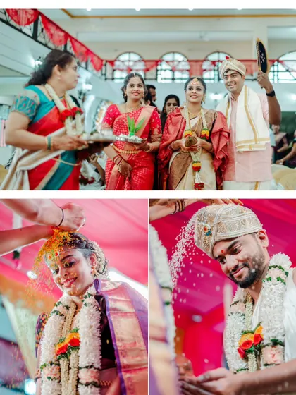 A collage capturing the Akshata ritual, where the couple showers each other with rice, a symbol of blessing and prosperity.