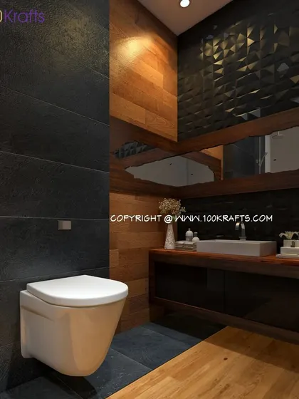 A bathroom from our 'Gothic Design' concept. The space features dramatic dark tiles, rich wood textures, and a modern wall-mounted toilet, creating a bold and elegant experience.