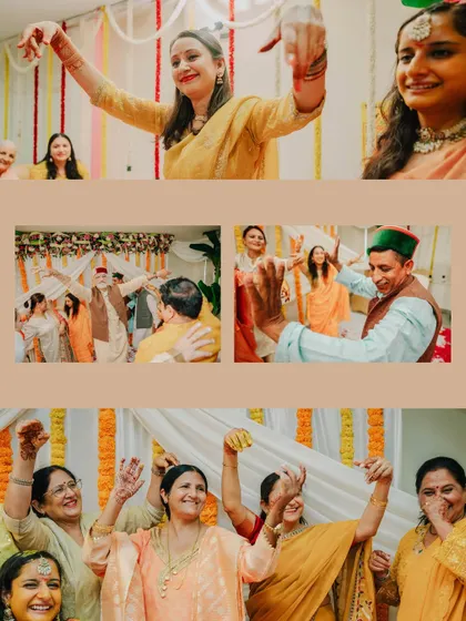 A collage of joyful moments from a Haldi ceremony, with family members dancing and celebrating together.
