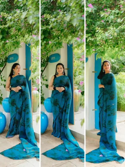 A triptych showcasing the bride's stunning blue saree against a vibrant, Santorini-inspired backdrop. This highlights my skill in capturing beautiful solo portraits and vibrant colors.