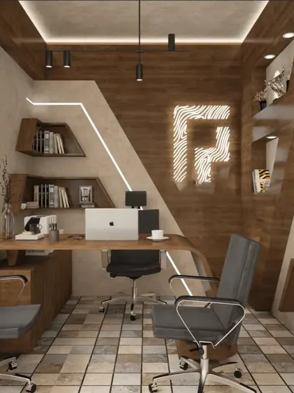 A modern home office for two, featuring a large wooden desk and ergonomic chairs. The accent wall combines wood panels with LED strip lighting and a custom logo for a professional touch.