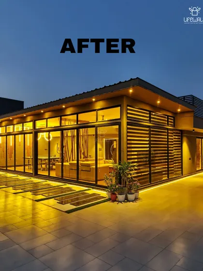 The "after" shot of a large-scale terrace transformation. We built a complete glass house structure with an adjoining patio, turning the rooftop into a true extension of the home.