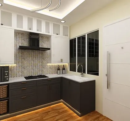 A functional kitchen design with dark lower cabinets and white upper cabinets. This space includes practical features like wicker baskets for vegetable storage and a stylish tiled backsplash.