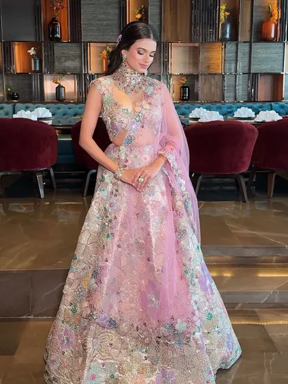 Another angle of this beautiful summer bridal lehenga, showing the delicate details and the way the light catches the embroidery.