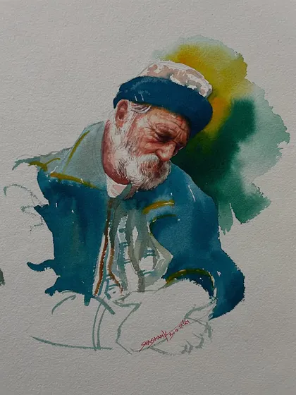 An expressive watercolor portrait of an elderly man, using loose washes to suggest form and character.