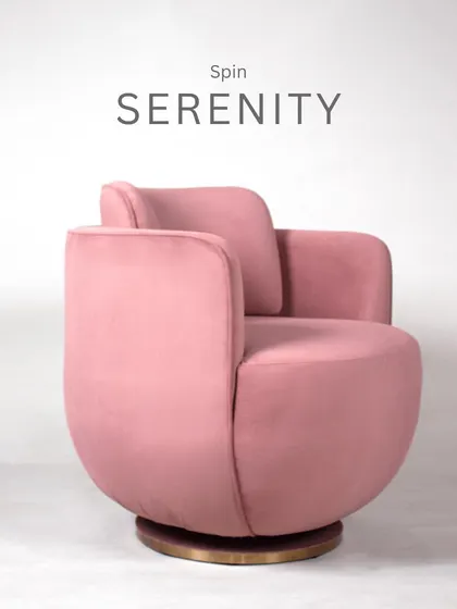 Spin into serenity with this pink velvet swivel chair. Its rounded, cocoon-like shape and brass base make it a chic and comfortable statement piece.