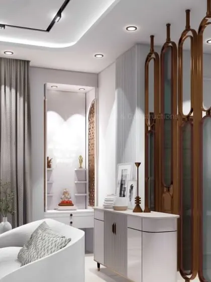 A view highlighting the custom partition and unique wall niches, designed to display art and decor. These elements add personality and a curated feel to the living space.