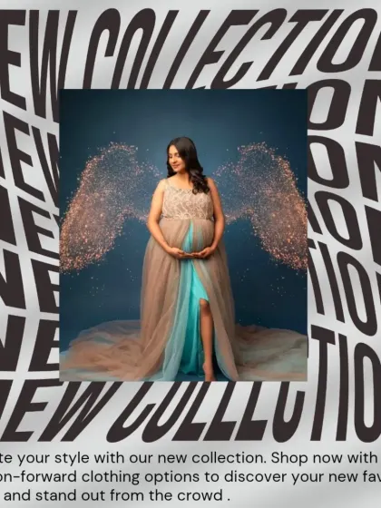 A stunning portrait in our two-toned gown with sparkling angel wings, announcing our new collection.