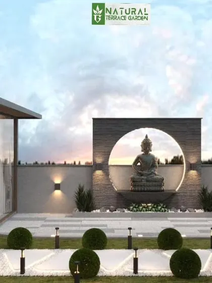 A serene terrace concept for a Vikaspuri project. The design features a glass house, a Buddha water feature, and a pathway lined with illuminated topiary balls.