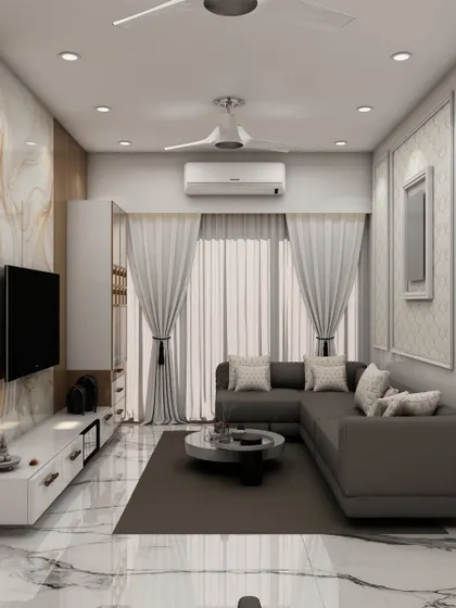 This living room 3D render showcases a modern L-shaped sofa, marble flooring, and a TV wall with a mix of glossy and textured panels for a luxurious feel.