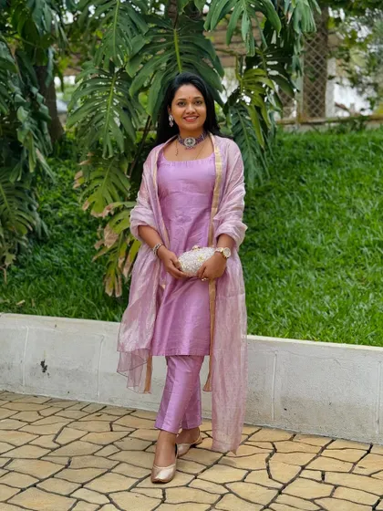 The full look of my elegant lavender salwar suit with an organza dupatta.