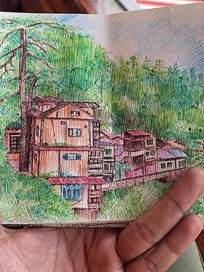 A quick sketch made with colored pens during my travels in the mountains. I love capturing the feeling of these remote houses nestled in the green hills.