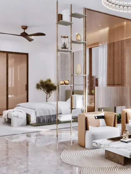 This angle captures the elegant partition shelf, which adds a decorative element while maintaining an open feel.