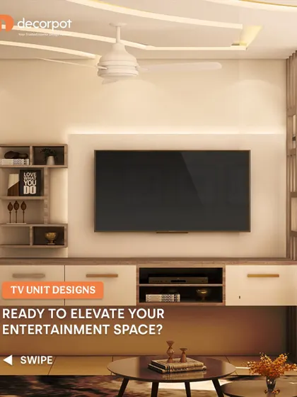 This TV unit design features a simple two-tone console with open and closed storage, complemented by floating wall shelves. The clean lines and neutral colors make it a versatile choice for any modern home.