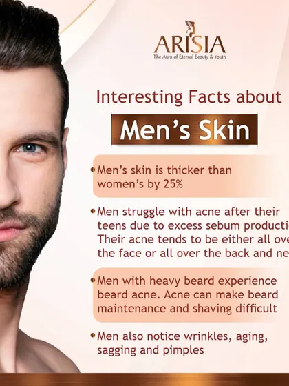 Men need skincare too. Men's skin is about 25% thicker than women's and can be prone to issues like adult acne and irritation from shaving. We offer tailored treatments for men's skin concerns.