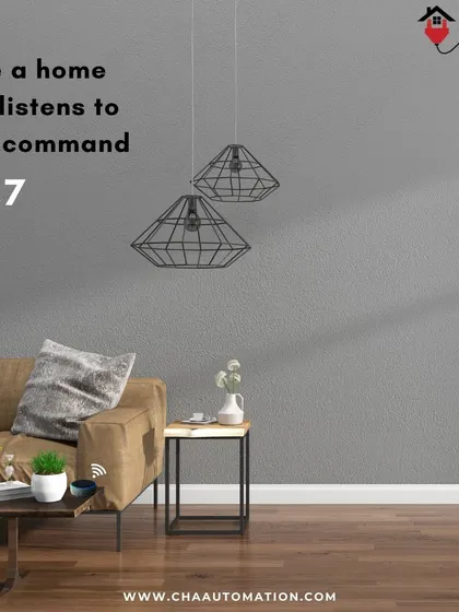 Our home automation systems are designed to listen and respond 24/7. This living room setup includes a voice assistant ready to execute your commands, creating a truly responsive environment.