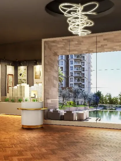 A render of an experience centre, showcasing a large video wall that provides a virtual view of the property. This integration of technology is key to creating modern, immersive sales environments.