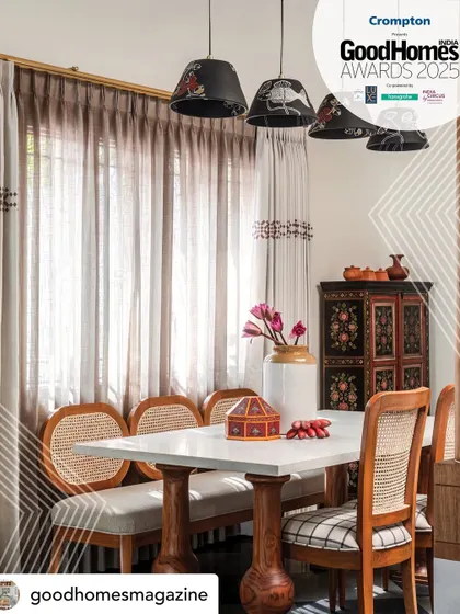 The dining room, with its custom stone-top table, cane chairs, and hand-painted details, perfectly represents the blend of craftsmanship and Indian design that earned us this wonderful accolade.