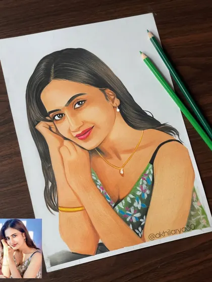 A delicate A4 colored pencil portrait. Her gentle pose and the soft floral pattern on her dress make this a very sweet and charming drawing.