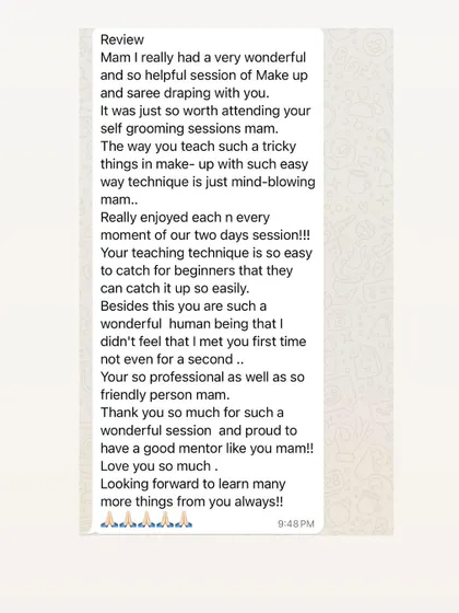 The same detailed review from a happy student who attended my two-day makeup and saree session.