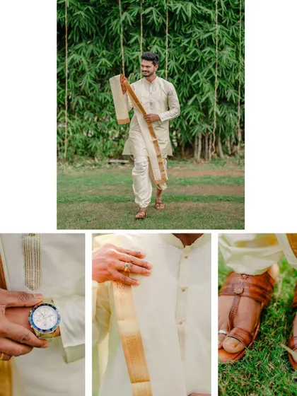 A collage of the groom's details, from his traditional attire and watch to his confident poses.