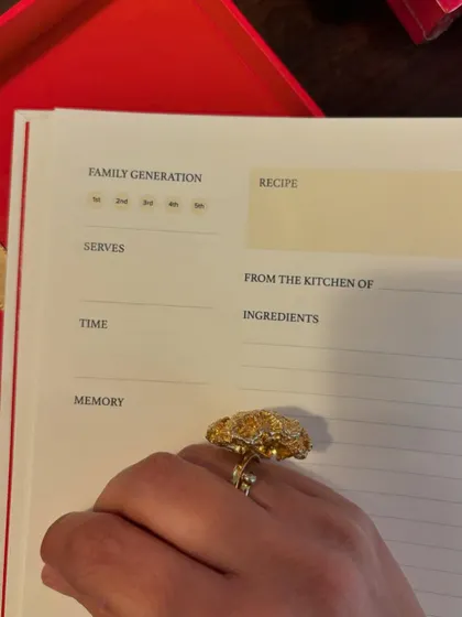 A detailed look at the recipe page. We designed it to be practical and sentimental, with a spot to mark the generation and write down a memory associated with the dish.