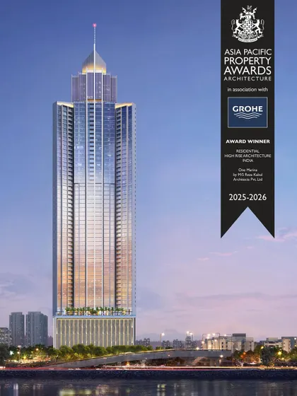 This image showcases the award-winning design for One Marina, recognized as Best Residential High Rise Architecture in India. The 74-storey tower is a landmark of architectural excellence, crafted for elevated living.