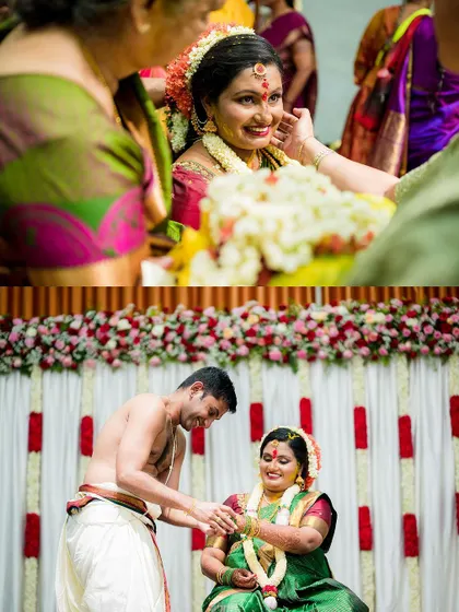 Two beautiful moments from a baby shower ceremony, capturing the blessings and the loving interactions between the couple.