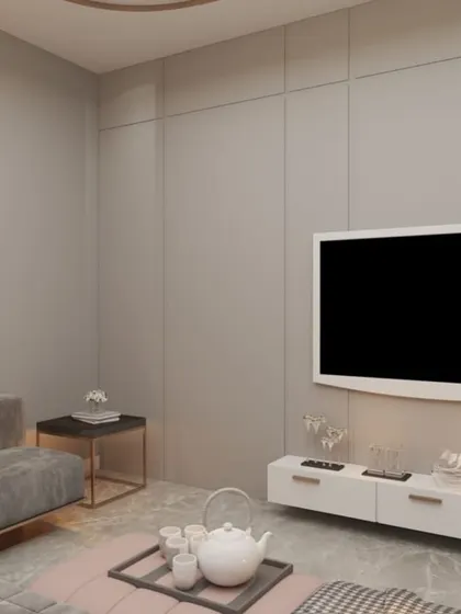 A minimalist media room concept with a simple floating console, a large screen, and comfortable seating, designed for an uncluttered entertainment experience.