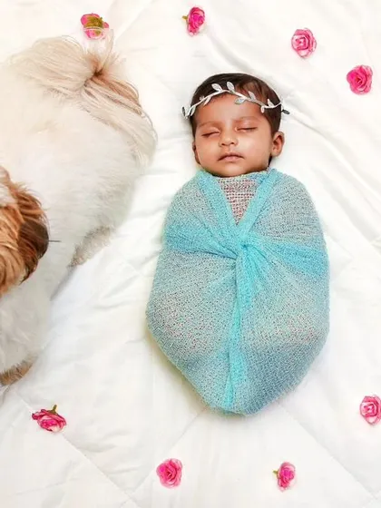 A duplicate of the sweet overhead shot with the baby, dog, and rose petals.