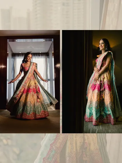 Two full-length shots of Vidushi's colorful mehendi lehenga. The makeup was kept fresh and radiant to balance the vibrant outfit.