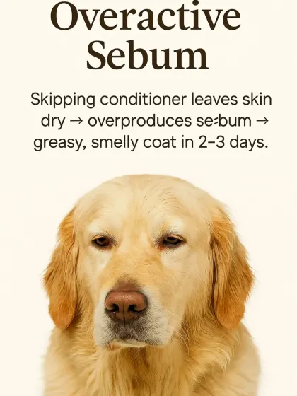 Skipping conditioner can cause the skin to become dry and overproduce sebum, a natural oil. This leads to a greasy, smelly coat just a few days after a bath.