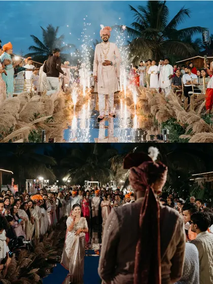 A collage showing the groom's grand entrance with pyrotechnics and the bride's emotional reaction during the Varmala.