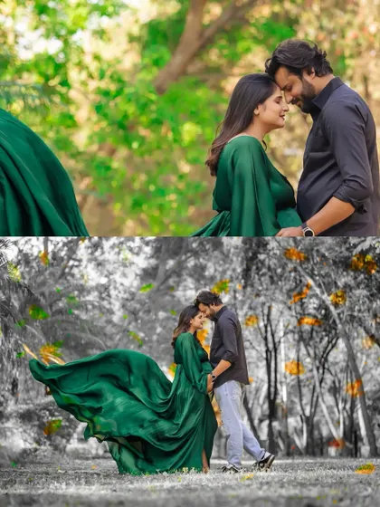 A collage showing two beautiful moments from an outdoor session in a green gown. One is an intimate close-up, and the other is a dramatic wide shot with creative color editing.