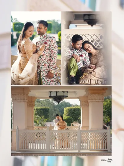 A collection of regal moments at ITC Grand Bharat. These shots highlight the stunning architecture and lush greenery, creating a luxurious backdrop for this couple's story.