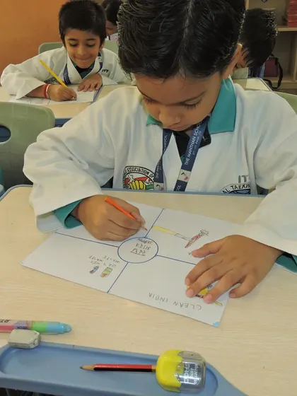 A student dressed as a doctor for a themed event works on a mind map activity about Lal Bahadur Shastri.