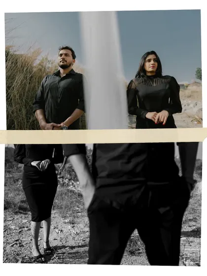 An artistic collage that plays with color and monochrome. This creative edit adds a modern, edgy feel to a rustic outdoor pre-wedding shoot.