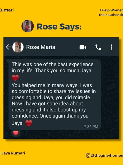 Rose shares her experience, highlighting how comfortable she felt sharing her issues and how the session boosted her confidence and gave her new ideas for dressing.