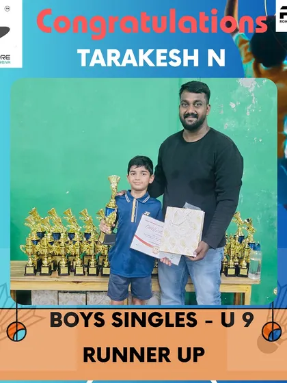 Tarakesh N as the runner-up in the Boys Singles U9 category. A great result from one of our youngest competitors.