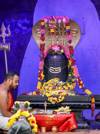 A priest performs the puja at the Shiva Lingam, which is adorned with colorful flowers. The beauty and precision of the ritual help to focus the mind and open the heart.
