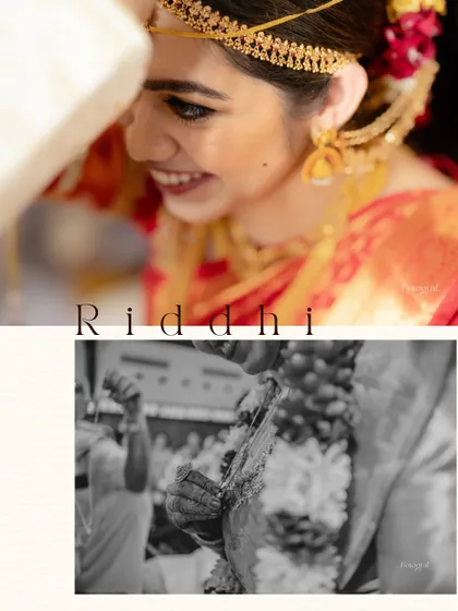A beautiful close-up of the bride's smiling face during her South Indian wedding ceremony, a picture of pure happiness.