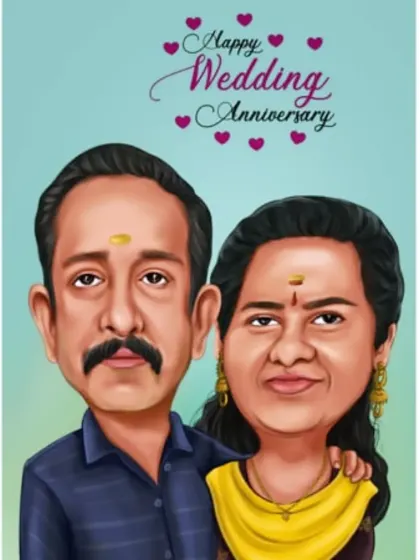 A heartfelt wedding anniversary caricature for a lovely couple. This style is great for capturing the lasting bond and affection between two people.