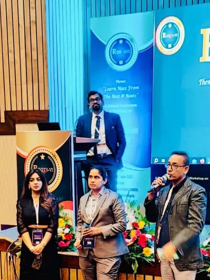 On stage with my respected colleagues during a panel discussion at the Roots 2023 conference, a national workshop on lasers, aesthetic dermatology, and trichology.