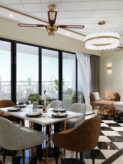 The open-concept living and dining room in the Tata Primanti apartment, featuring bold checkered flooring and floor-to-ceiling windows.